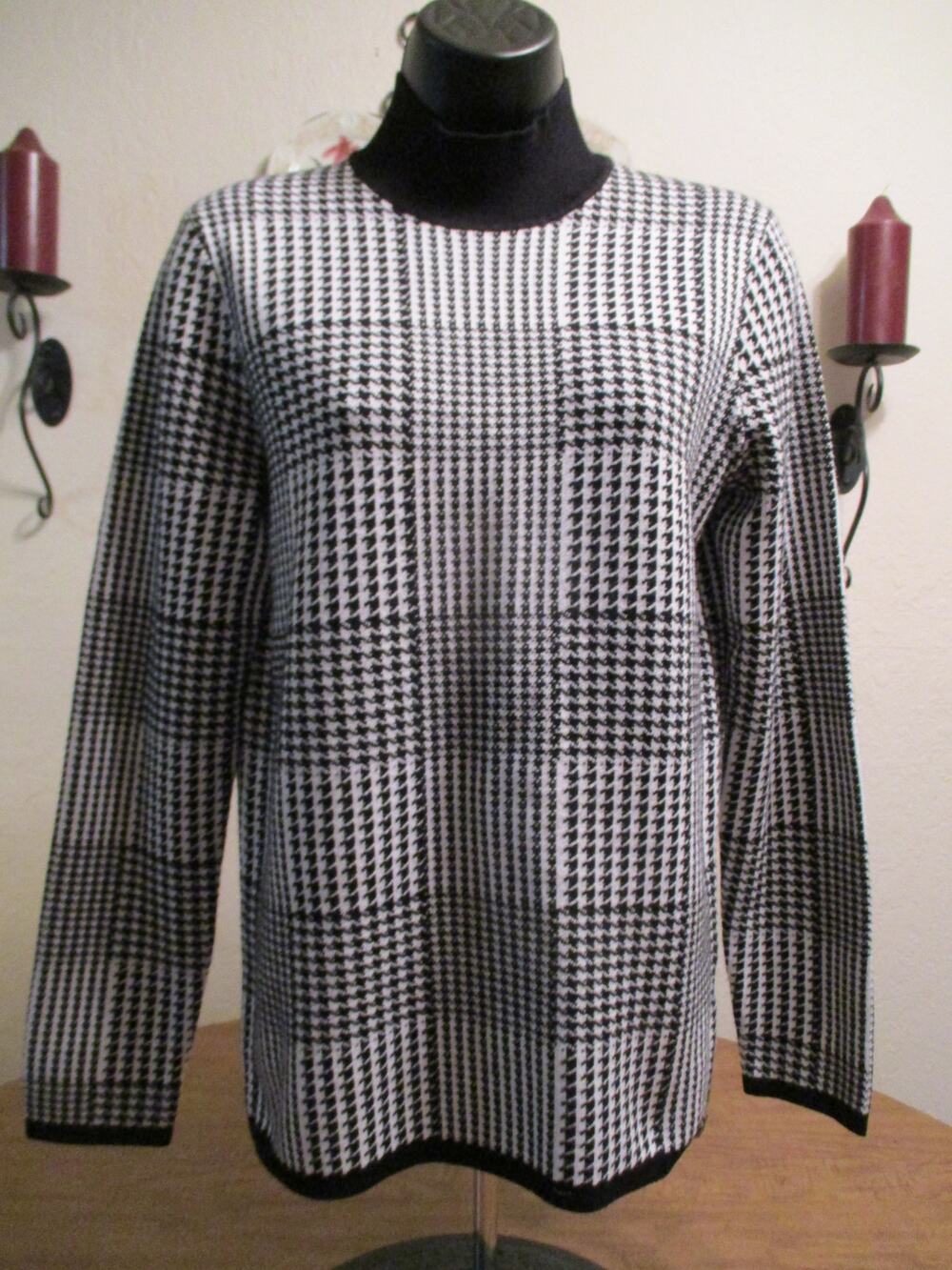 T TAHARI WOMENS BLACK WHITE HOUNDSTOOTH LONG SLEEVE SWEAT M